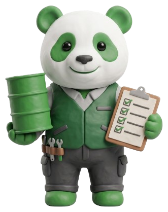 Mascotte panda Tuz Cart in tenuta da operatore con fusto e checklist per rifiuti speciali