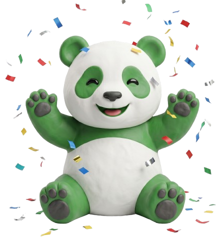 Mascotte panda Tuz Cart che festeggia tra i coriandoli per le recensioni dei clienti