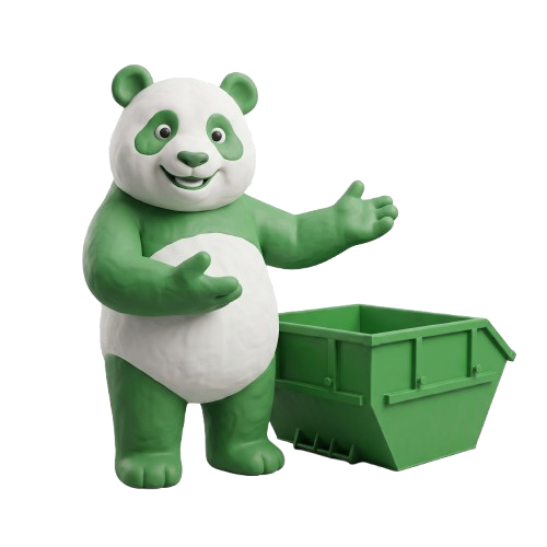 Mascotte panda Tuz Cart che presenta un cassone verde per il noleggio
