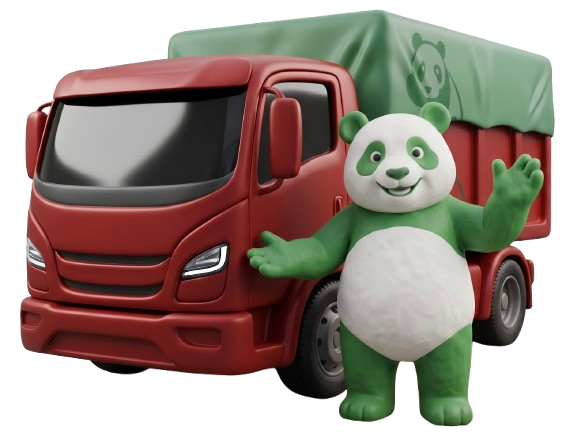 Mascotte panda verde Tuz Cart accanto al camion rosso per lo smaltimento rifiuti a Milano